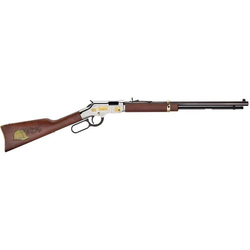Fucile a leva Golden Boy .22LR con finiture in nichel, legno di noce americano e incisioni dettagliate, un tributo all'industria delle costruzioni americane.