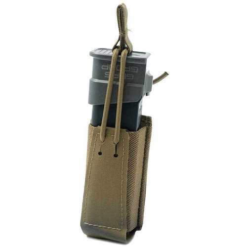 Le GBRS Group Single Pistol Mag Pouch est compatible MOLLE/BELT, avec rétention bungee amovible, offrant un tir fluide et une bonne tenue pour la plupart des chargeurs.