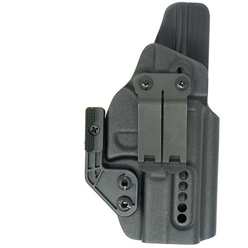 L'X PRIORITY 1 IWB HOLSTER offre ritenzione regolabile, supporto per ottiche, e design aperto per canne filettate, ottimizzando il trasporto nascosto.
