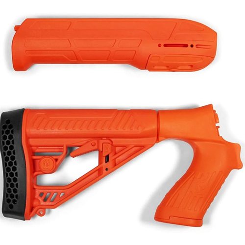 Améliore ton Mossberg 500/590/88 avec la crosse et le garde-main EX Performance, réglables, légers et optimisés pour un usage tactique, en couleur orange.