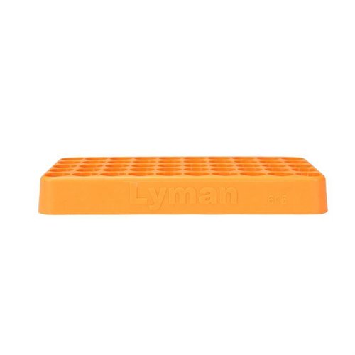 Der Lyman Custom-Fit Loading Block aus robustem Polymer hält 50 Patronen und passt für viele Kaliber von .338 bis .615 – ideal für dein Reloading!