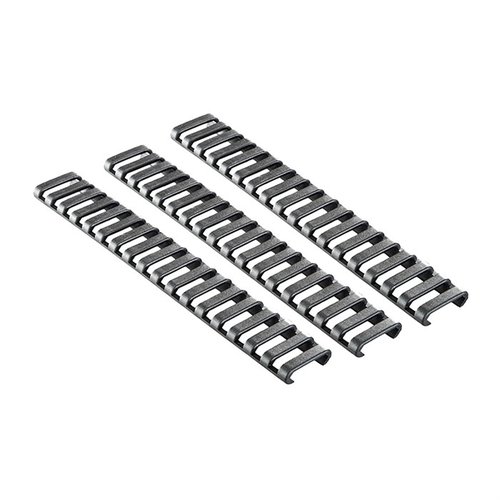 Il Picatinny Ergo 18 Slot Ladder Rail Cover 3-pack offre protezione per il tuo rail e le tue mani, con materiale in polimero, superficie antiscivolo e tagliabile per una vestibilità personalizzata.