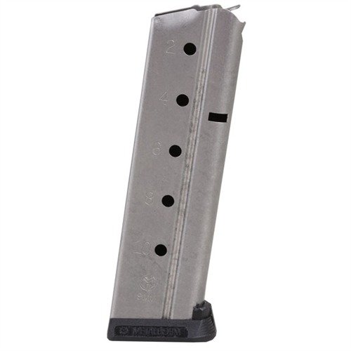 Caricatori robusti in acciaio blu o inox per pistole 1911, con follower piatto o rotondo, facili da pulire e compatibili con vari proiettili.