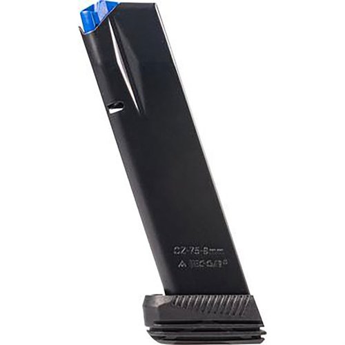 Découvre les chargeurs CZ 75B 9MM de MEC-GAR, en acier carbone durable, avec une finition bleue et une capacité de 19 cartouches, parfaits pour ta précision!