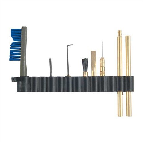 Il set di raschietti in ottone OTIS include otto strumenti essenziali per una pulizia efficace di M16 e AR-15, compatibili con aste di pulizia standard.
