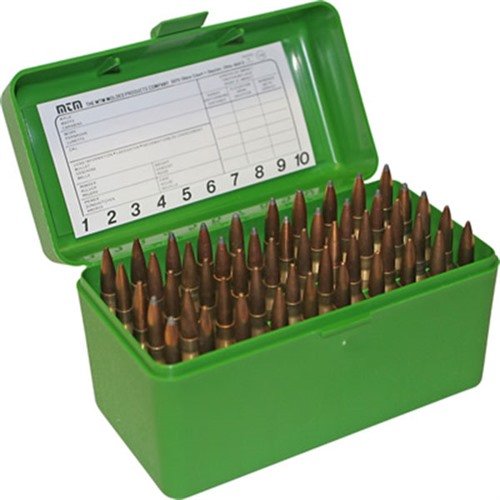 Scatola per munizioni FLIP TOP MTM CASE-GARD, resistente, con cerniera meccanica garantita 25 anni, chiusura Snap-Lock e finitura testurizzata per una presa migliore.