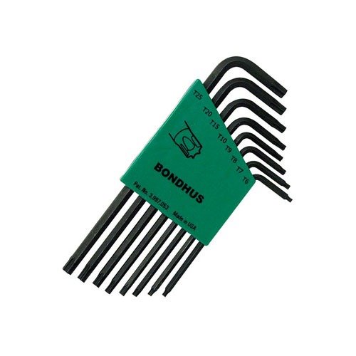 Il set di chiavi Torx BONDHUS da 8 pezzi include chiavi per T6, T7, T8, T9, T10, T15, T20 e T25, riposte in una cartella bloccabile per evitare perdite.