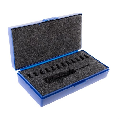 Mit dem Sinclair Piloted Flash Hole Deburring Kit Case kannst du deine Deburring Tools sicher aufbewahren und bis zu 12 Piloten für verschiedene Kaliber verstauen.