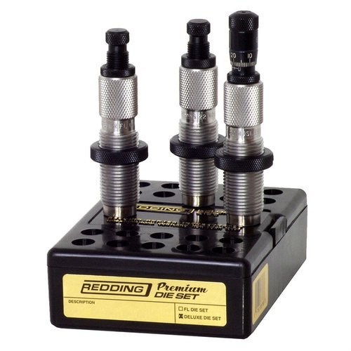 Le set de dies Redding 6.5mm Creedmoor Premium Deluxe comprend un die de mise à taille complète, un die de siège avec micromètre et un die de mise à taille de col.