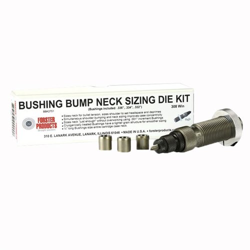 Avec les kits de dies Bushing Bump Neck Forster, tu peux contrôler précisément la tension sur les douilles, incluant un die poli et trois bushings sélectionnés.