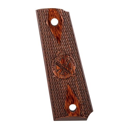 Pannelli grip Cocobolo Checkered Cross Cannon per Springfield 1911, con Mag Well smussato per un aspetto elegante. Venduti come grip singoli.