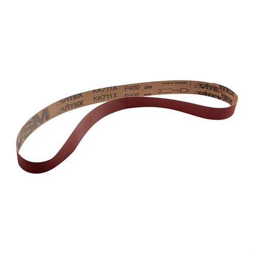 Cinghie di levigatura VSM da 1" x 30", 400 grit, ideali per tamburi di levigatura Raytech; durata eccezionale e finitura fine grazie alla tecnologia Compact Grain.