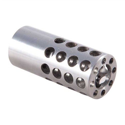 Le Muzzle Brake 458 Caliber 5/8-32 en acier inoxydable argenté de VAIS réduit le recul et améliore la précision, parfait pour optimiser tes tirs.