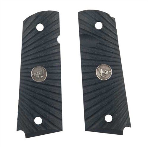 Les grips G10 Wilson Combat pour 1911 sont robustes, en noir avec un motif starburst, et conçus pour une sécurité ambidextre avec un médaillon en étain.
