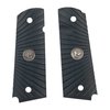 Les grips G10 Wilson Combat pour 1911 sont robustes, en noir avec un motif starburst, et conçus pour une sécurité ambidextre avec un médaillon en étain.