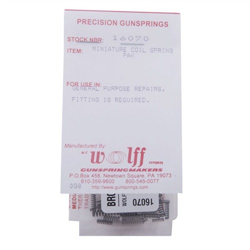 Il MINIATURE COIL SPRING PAK - KIT #1607 di WOLFF offre 50 molle a spirale miniature per armi, con O.D. da 1⁄16" (1.7mm) a 5⁄32" (4mm) in varianti metriche e inglesi.
